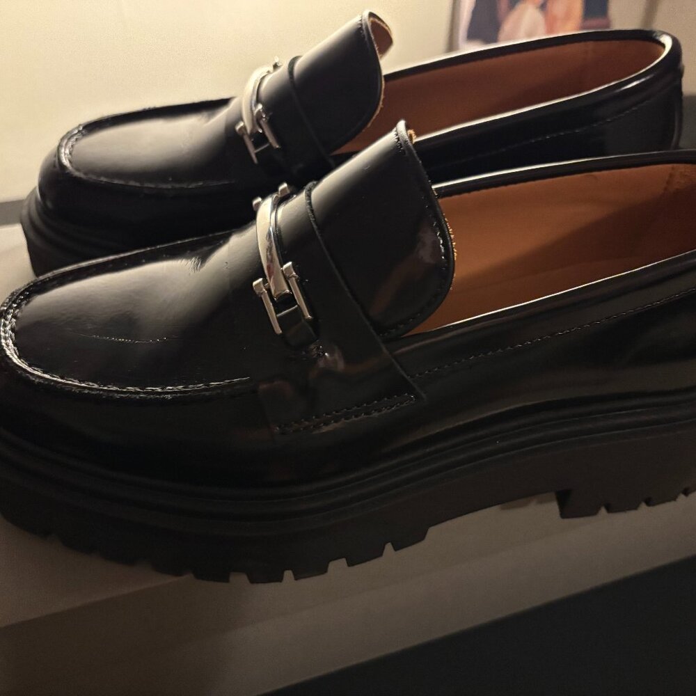 Women's Penny Platform Lug Sole Loafer in Black & Silver Thursday Boot Company